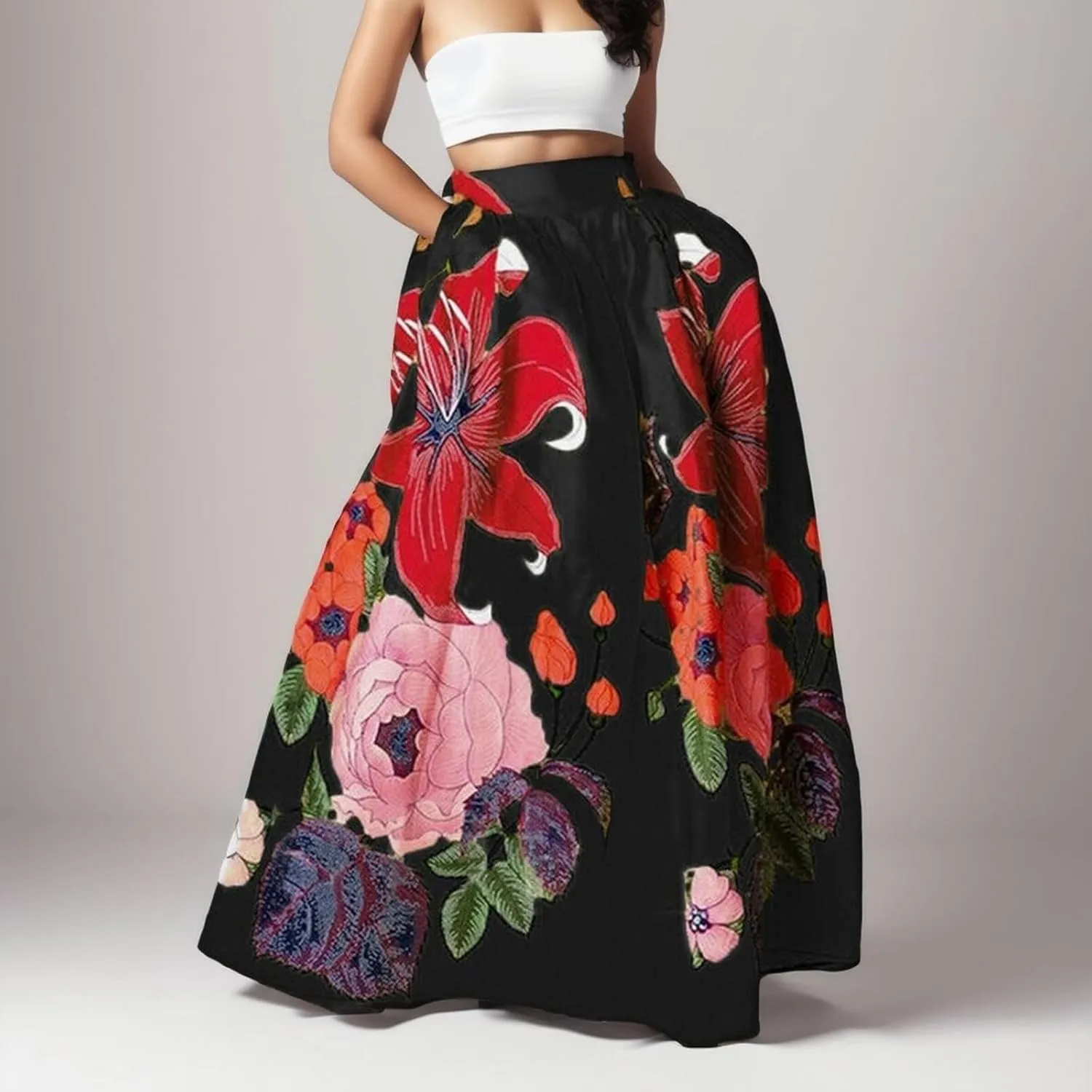 Women Summer Boho Floral Print Maxi Skirt with Pocket High Waist 2025 Flowy Long Dress Spring Travel Vacation Outfits