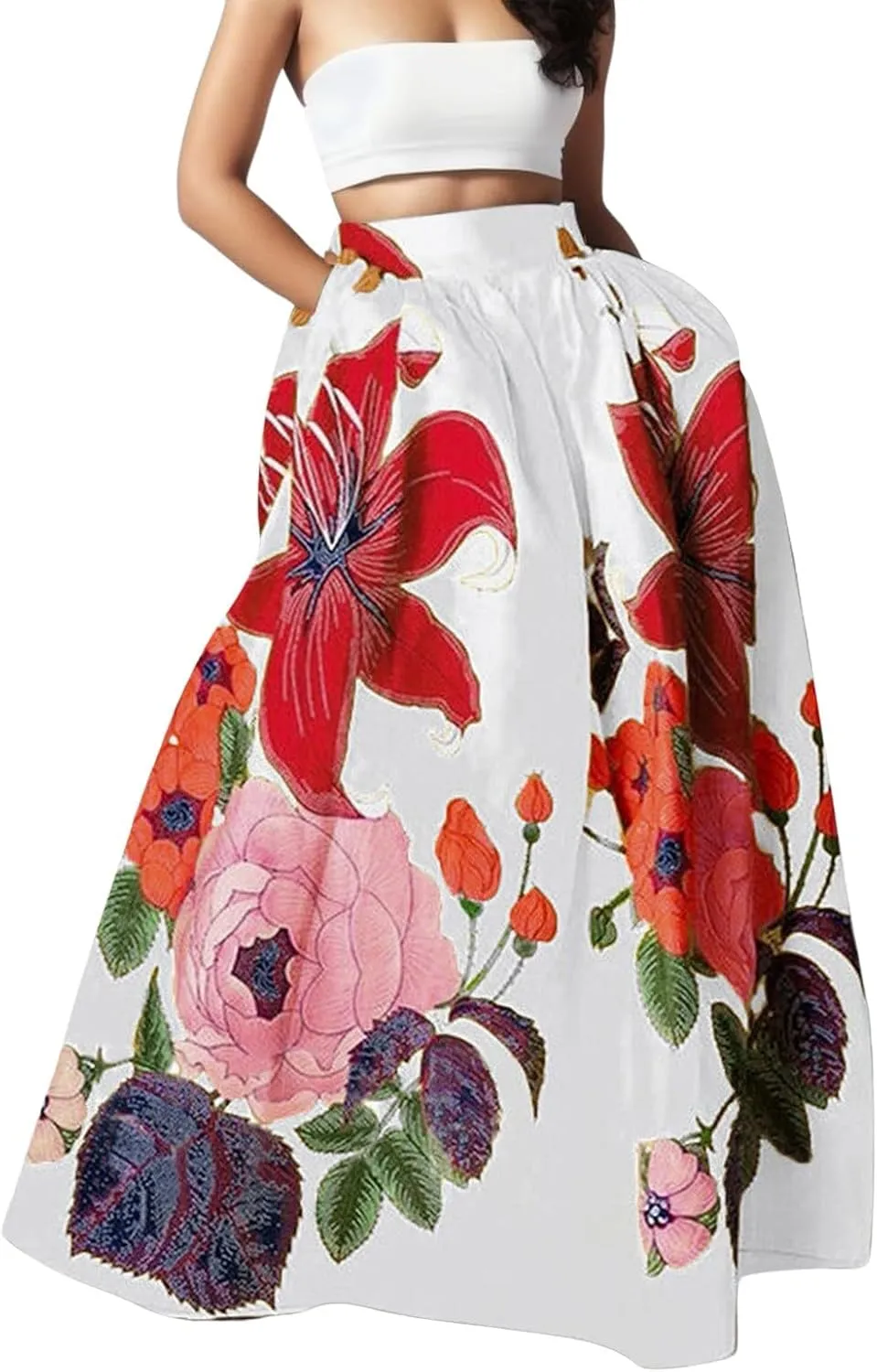 Women Summer Boho Floral Print Maxi Skirt with Pocket High Waist 2025 Flowy Long Dress Spring Travel Vacation Outfits