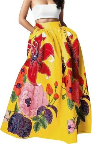 Women Summer Boho Floral Print Maxi Skirt with Pocket High Waist 2025 Flowy Long Dress Spring Travel Vacation Outfits