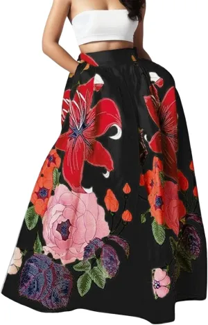 Women Summer Boho Floral Print Maxi Skirt with Pocket High Waist 2025 Flowy Long Dress Spring Travel Vacation Outfits