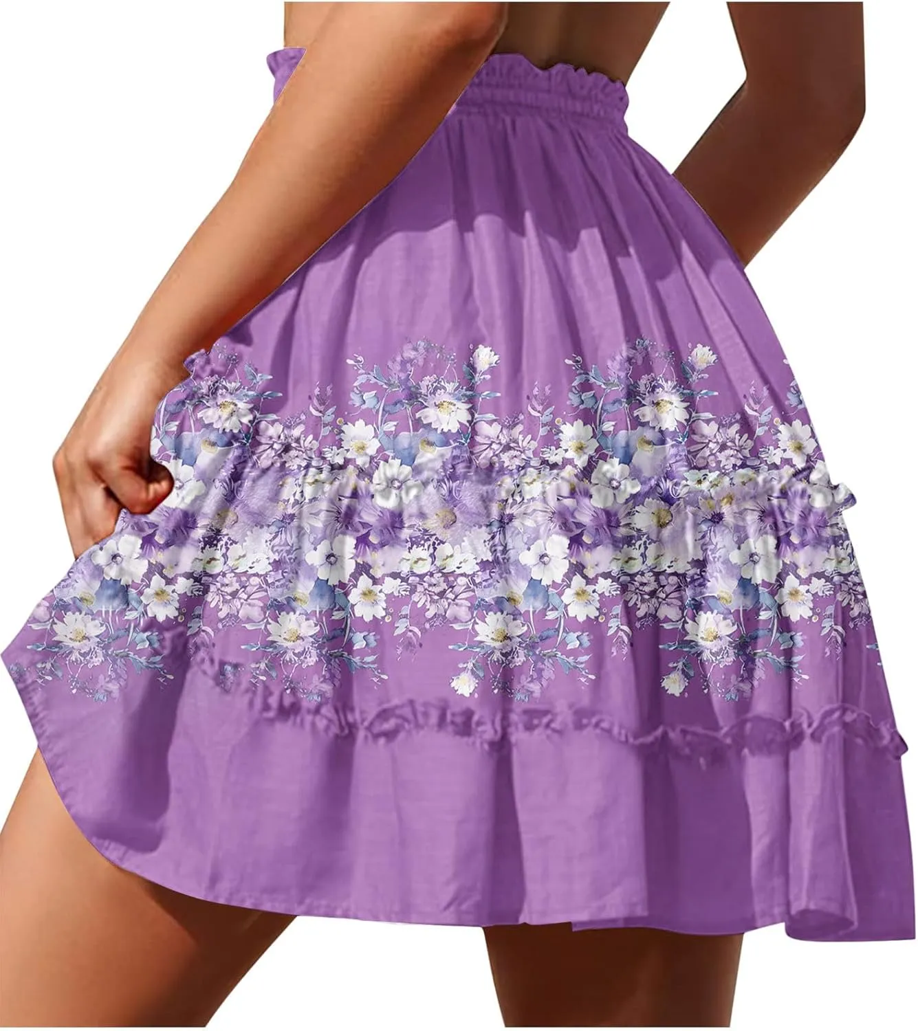 Women Summer Boho Floral Skirts 2025 Trendy Beach Mini Skirt Elastic Waist Tiered Ruffle Pleated Skirts