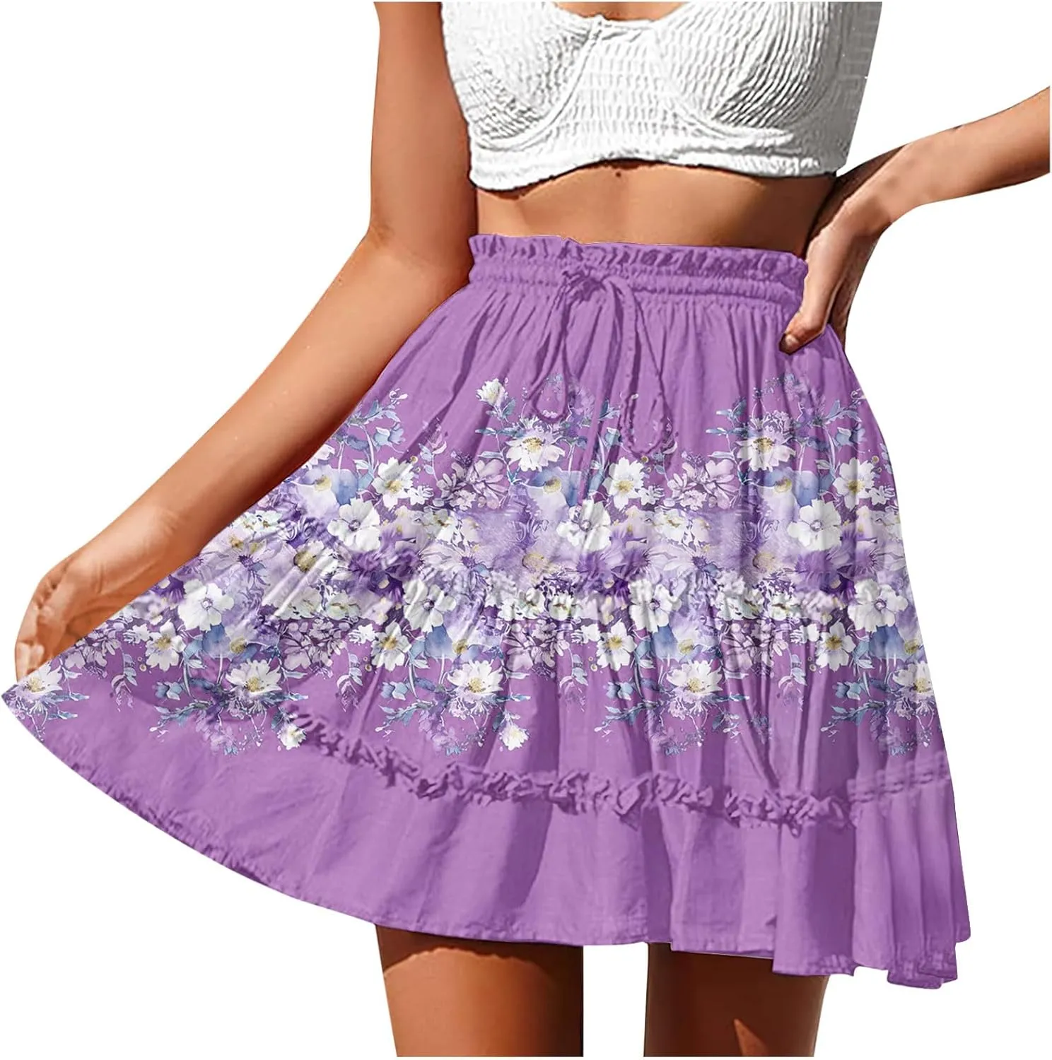 Women Summer Boho Floral Skirts 2025 Trendy Beach Mini Skirt Elastic Waist Tiered Ruffle Pleated Skirts