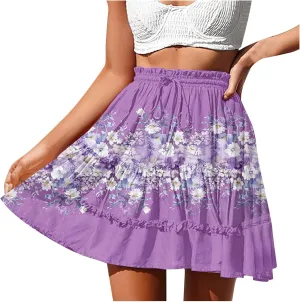 Women Summer Boho Floral Skirts 2025 Trendy Beach Mini Skirt Elastic Waist Tiered Ruffle Pleated Skirts