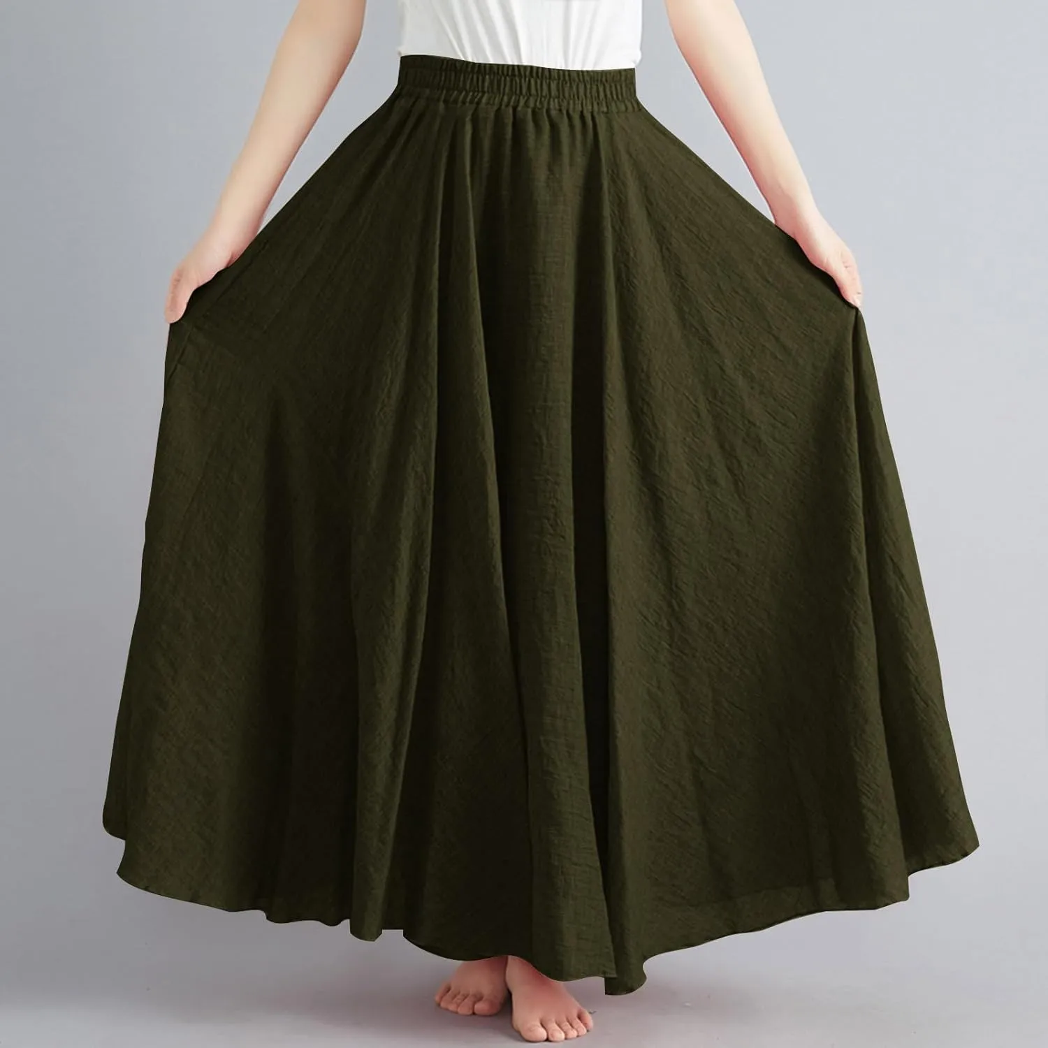 Women Summer Boho Flowy Swing A-Line Maxi Skirt Casual Linen Skirts 2025 Trendy Elastic High Waist Long Beach Dress