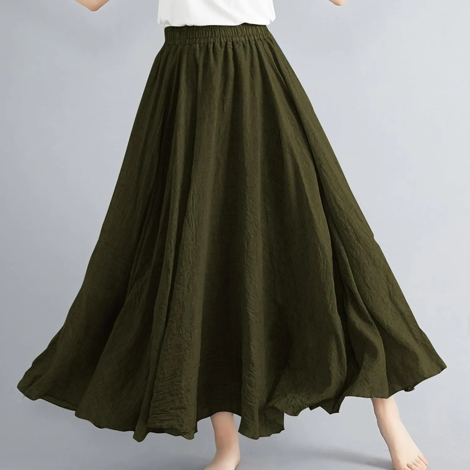 Women Summer Boho Flowy Swing A-Line Maxi Skirt Casual Linen Skirts 2025 Trendy Elastic High Waist Long Beach Dress