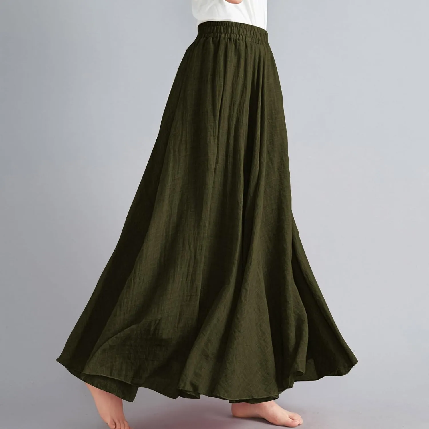 Women Summer Boho Flowy Swing A-Line Maxi Skirt Casual Linen Skirts 2025 Trendy Elastic High Waist Long Beach Dress