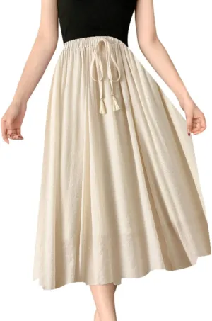 Women Summer Casual Boho Floral Maxi Skirt Elastic High Waist Tiered Pleated Flowy Long Beach Skirt with Pockets