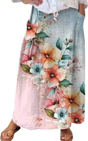 Women Summer Casual Flowy Long Skirts Boho Floral Elastic High Waist Tiered Pleated Beach Maxi Skirt