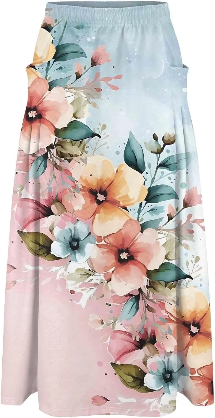 Women Summer Casual Flowy Long Skirts Boho Floral Elastic High Waist Tiered Pleated Beach Maxi Skirt