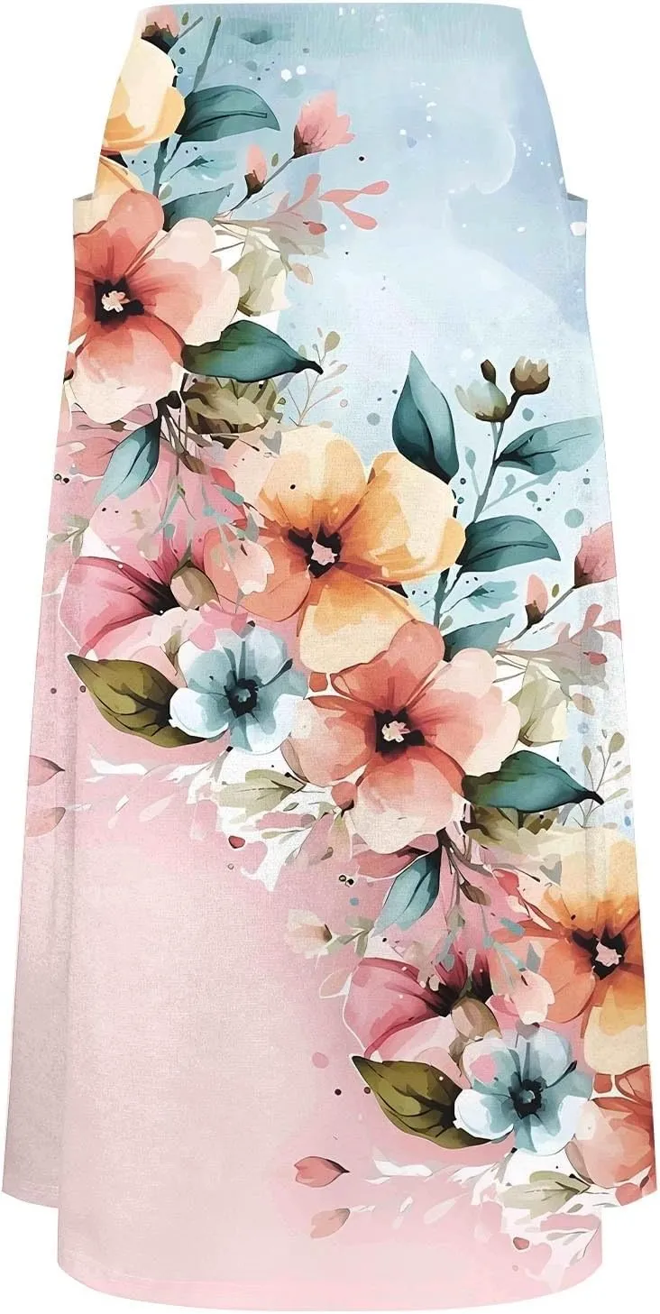 Women Summer Casual Flowy Long Skirts Boho Floral Elastic High Waist Tiered Pleated Beach Maxi Skirt