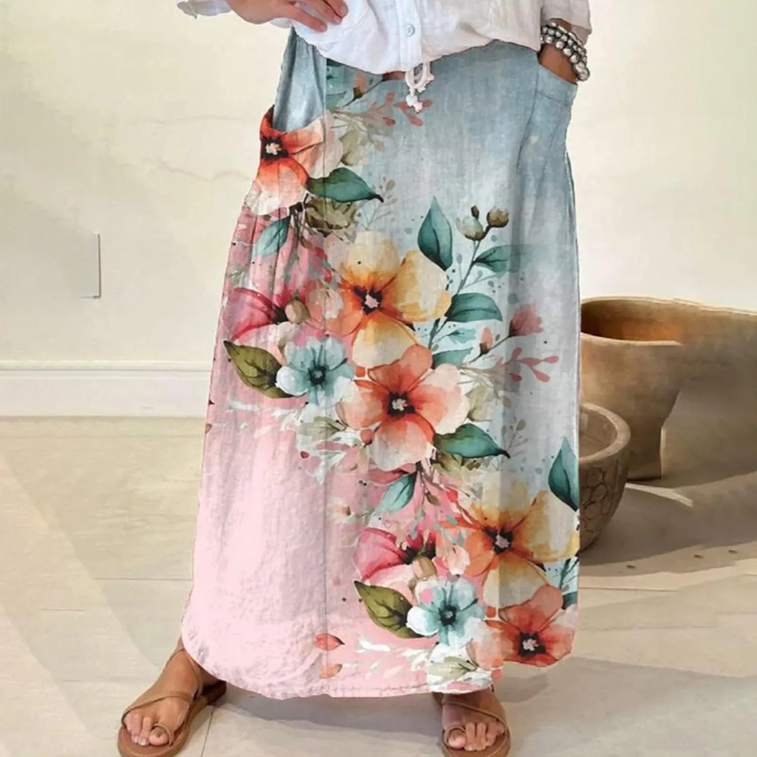 Women Summer Casual Flowy Long Skirts Boho Floral Elastic High Waist Tiered Pleated Beach Maxi Skirt