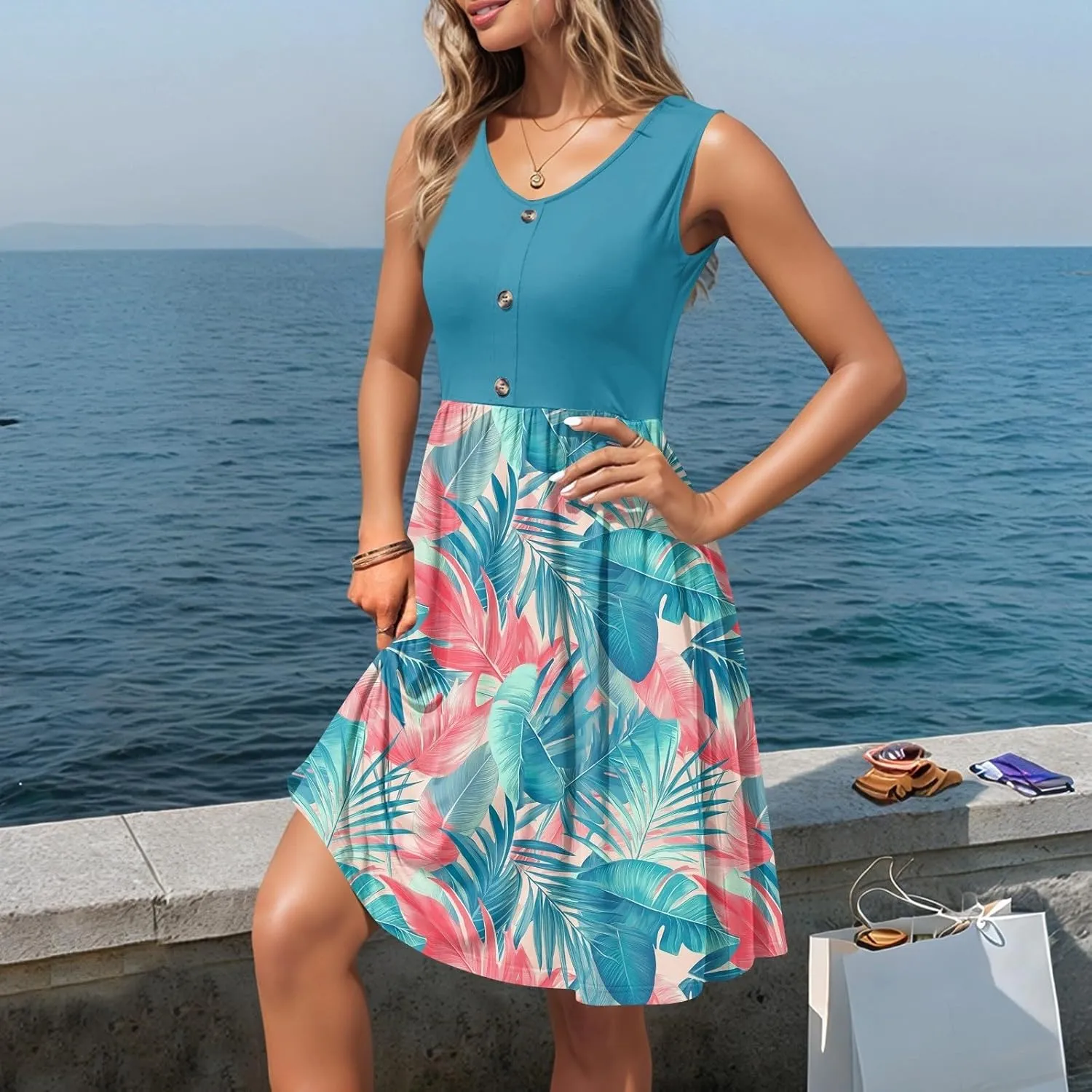 Women Summer Dresses 2025 Beach Vacation Tank Dress Casual Loose Swing Button Down Sleeveless Midi Sundress with Pockets
