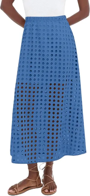 Women Summer Eyelet Maxi Skirt Cotton Holow Out High Elastic Waist Beach Skirt Flowy Long Skirts with Underneath