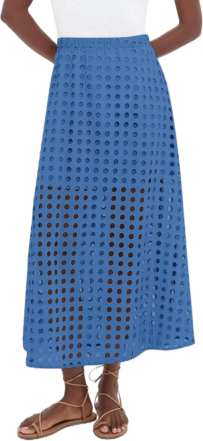 Women Summer Eyelet Maxi Skirt Cotton Holow Out High Elastic Waist Beach Skirt Flowy Long Skirts with Underneath