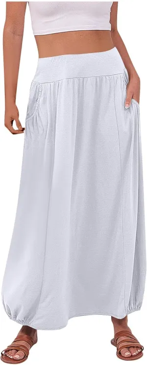 Women Summer Skirts with Pockets High Waist Casual Skirts Long Vacation Skirts Beach Boho Skirt Maxi Bubble Skirts