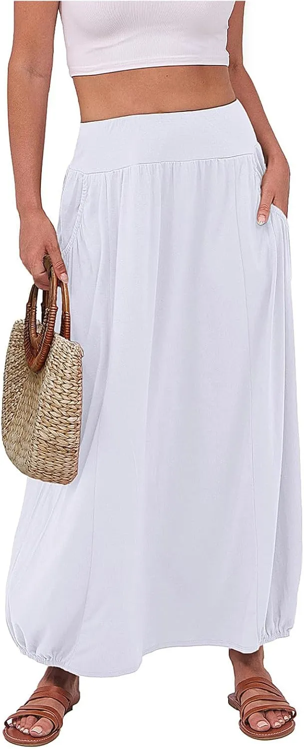 Women Summer Skirts with Pockets High Waist Casual Skirts Long Vacation Skirts Beach Boho Skirt Maxi Bubble Skirts