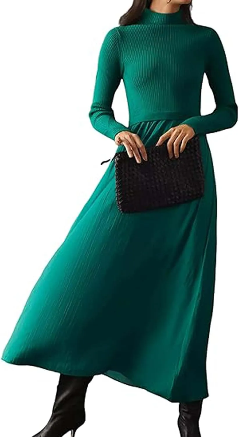 Women Turtle Neck Maxi Dress Long Sleeve Knit Sweater Dresses Turtleneck Winter Dress Flowy Slim Fit Fall Jumper Dress