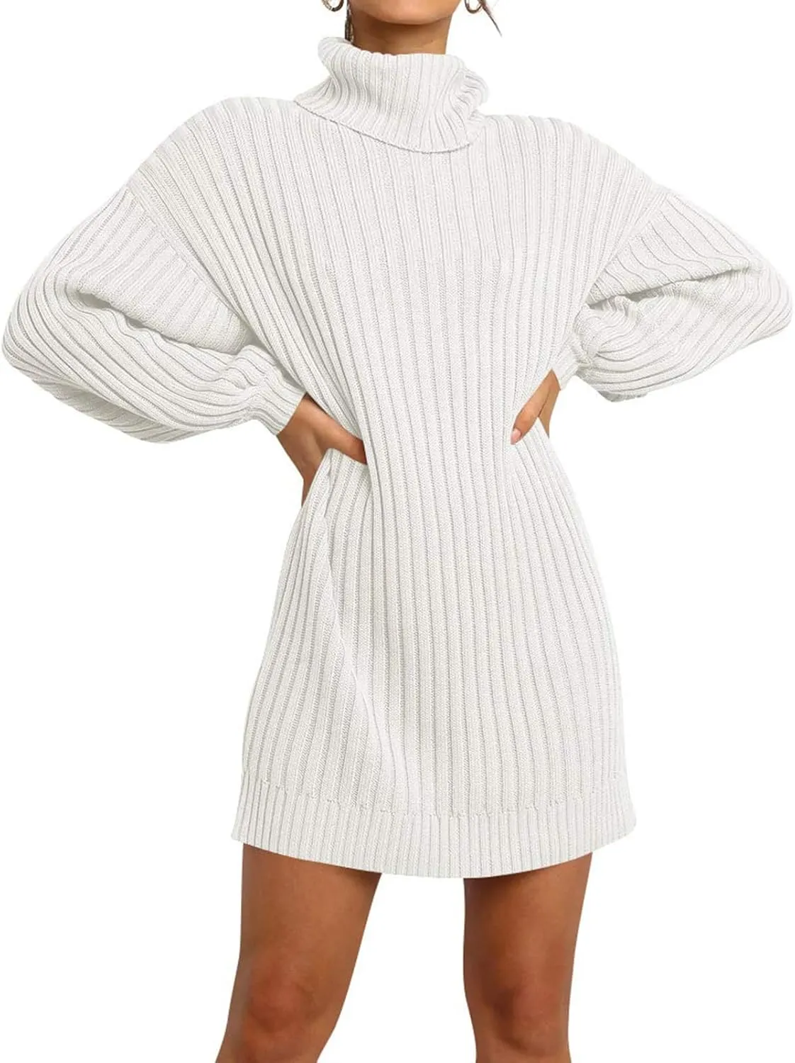 Women Turtleneck Sweater Dress Oversized Batwing Long Sleeve Ribbed Knit Sweater Stretch Slim Fitted Short Dress