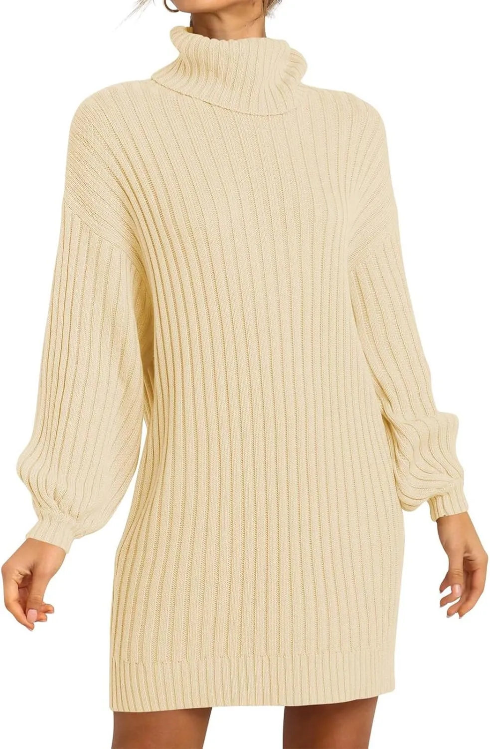 Women Turtleneck Sweater Dress Oversized Batwing Long Sleeve Ribbed Knit Sweater Stretch Slim Fitted Short Dress