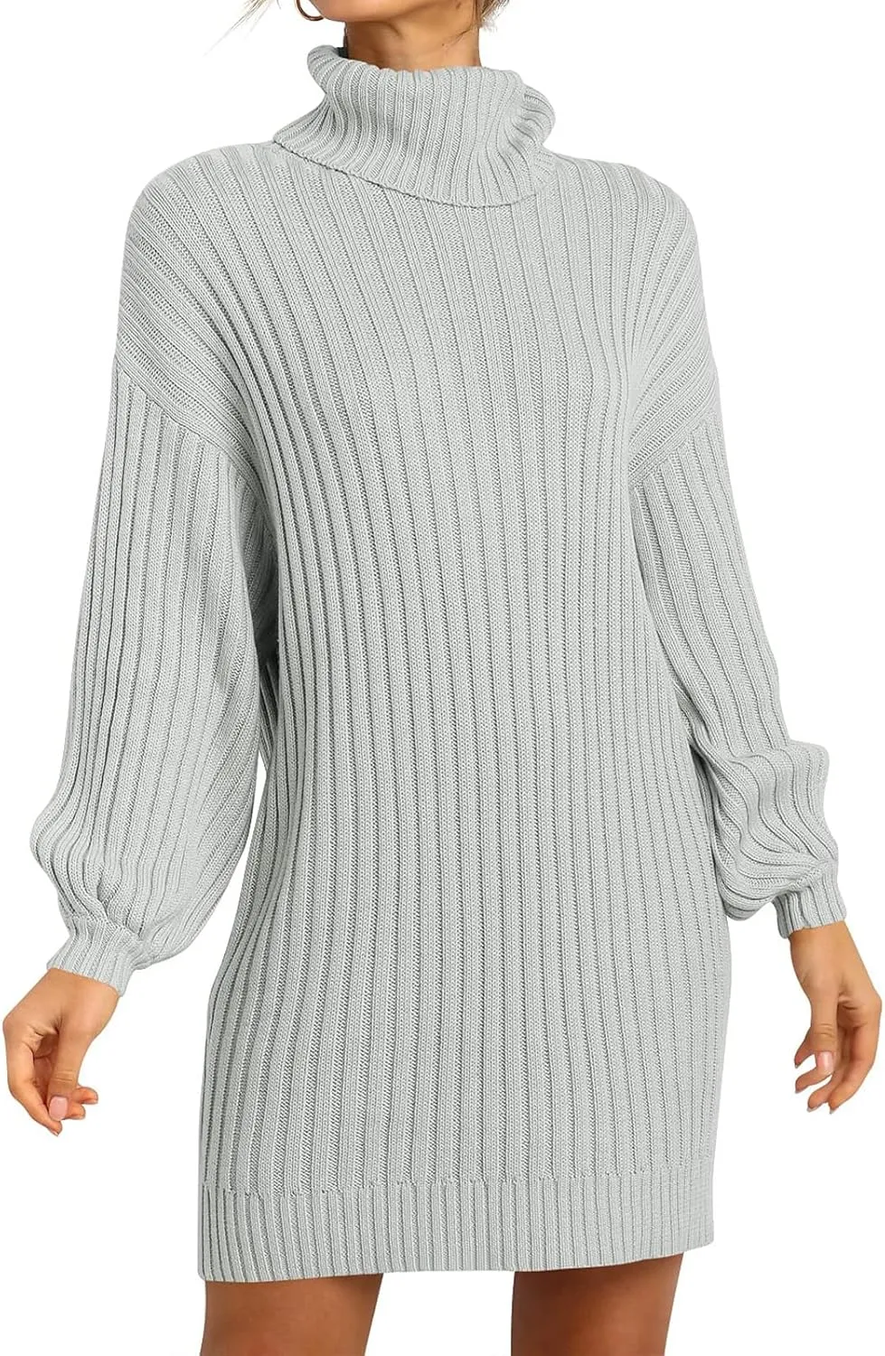 Women Turtleneck Sweater Dress Oversized Batwing Long Sleeve Ribbed Knit Sweater Stretch Slim Fitted Short Dress