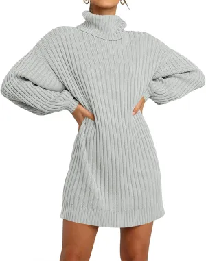Women Turtleneck Sweater Dress Oversized Batwing Long Sleeve Ribbed Knit Sweater Stretch Slim Fitted Short Dress