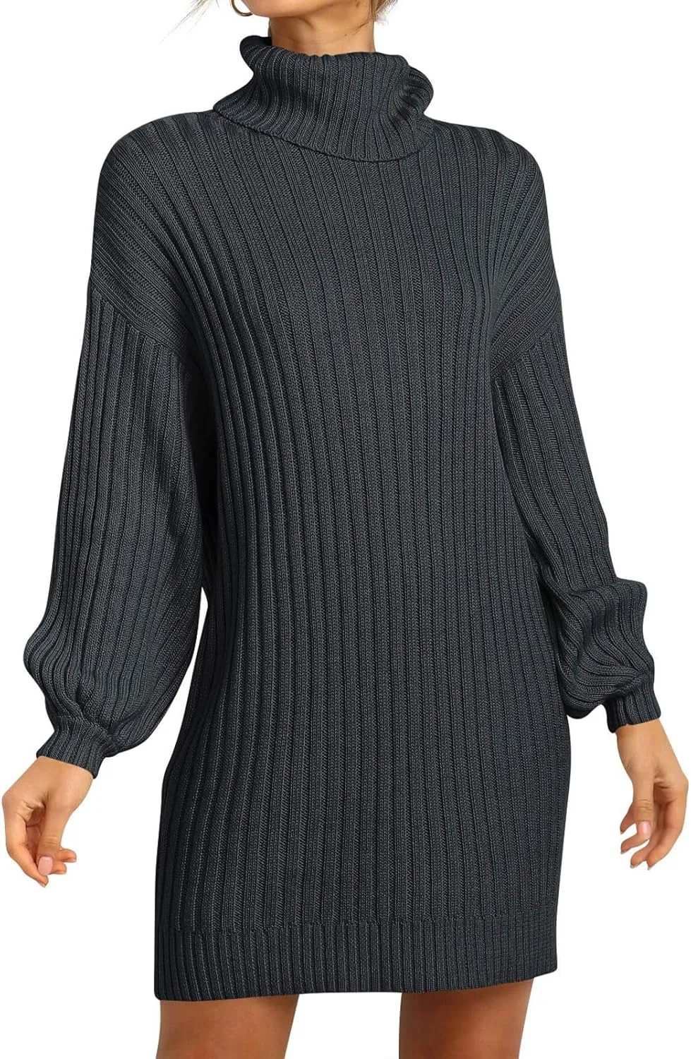 Women Turtleneck Sweater Dress Oversized Batwing Long Sleeve Ribbed Knit Sweater Stretch Slim Fitted Short Dress