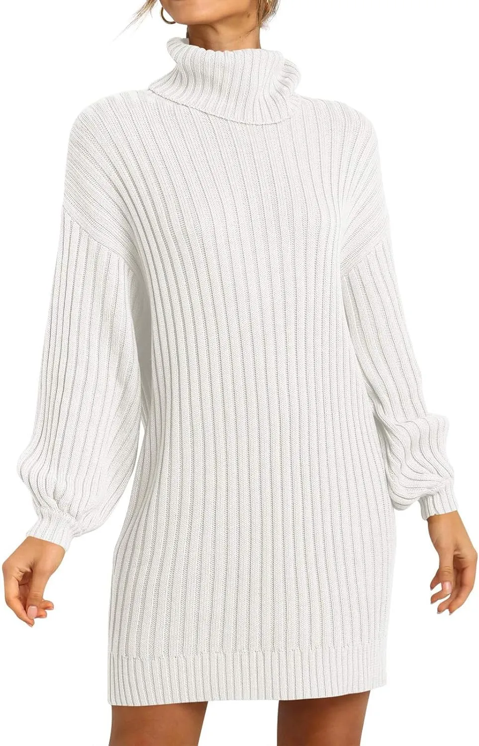 Women Turtleneck Sweater Dress Oversized Batwing Long Sleeve Ribbed Knit Sweater Stretch Slim Fitted Short Dress