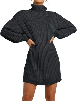Women Turtleneck Sweater Dress Oversized Batwing Long Sleeve Ribbed Knit Sweater Stretch Slim Fitted Short Dress