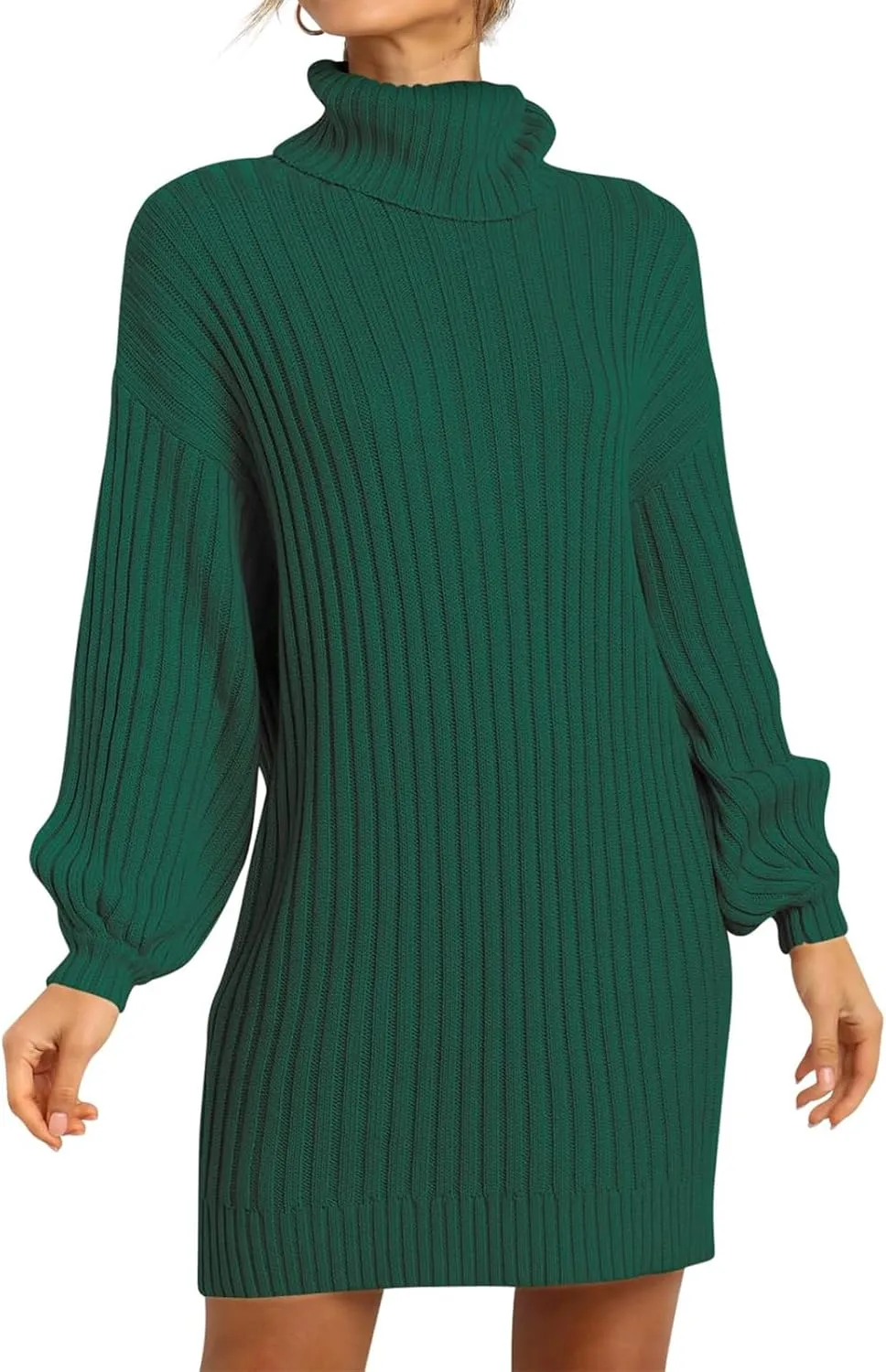 Women Turtleneck Sweater Dress Oversized Batwing Long Sleeve Ribbed Knit Sweater Stretch Slim Fitted Short Dress