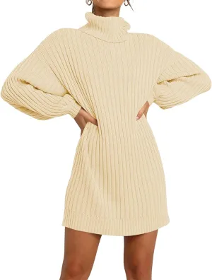 Women Turtleneck Sweater Dress Oversized Batwing Long Sleeve Ribbed Knit Sweater Stretch Slim Fitted Short Dress