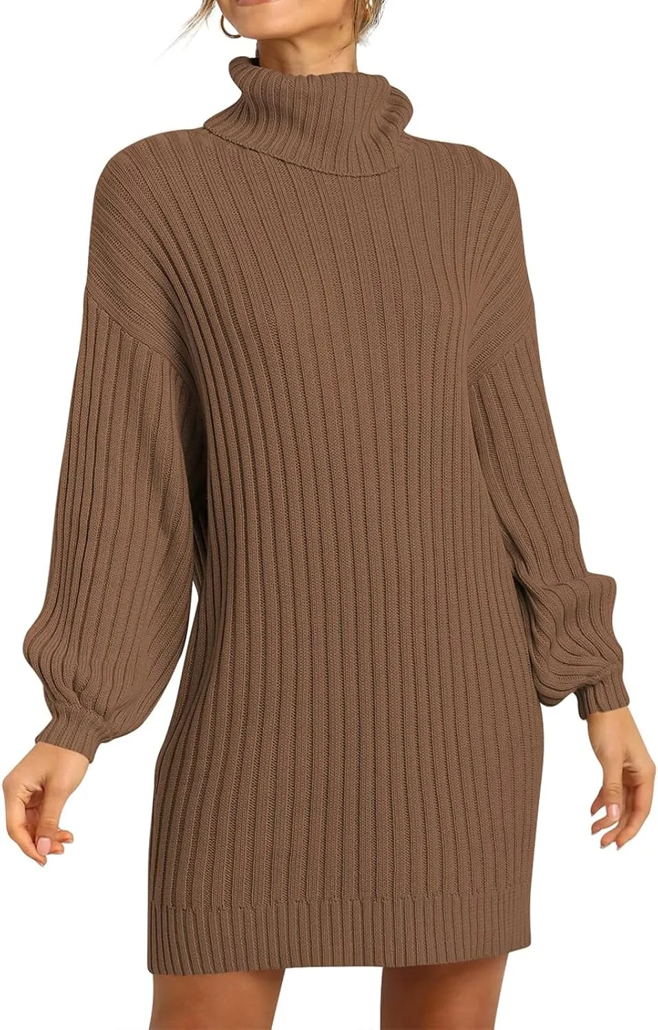 Women Turtleneck Sweater Dress Oversized Batwing Long Sleeve Ribbed Knit Sweater Stretch Slim Fitted Short Dress