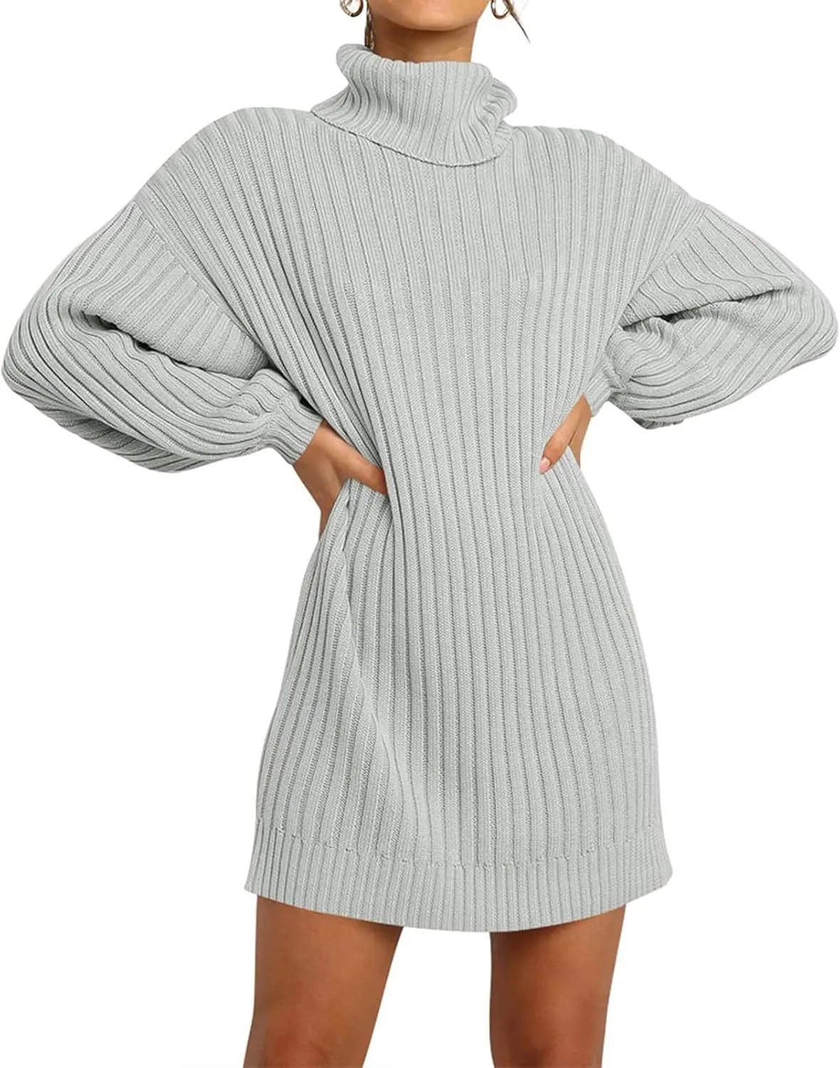 Women Turtleneck Sweater Dress Oversized Batwing Long Sleeve Ribbed Knit Sweater Stretch Slim Fitted Short Dress