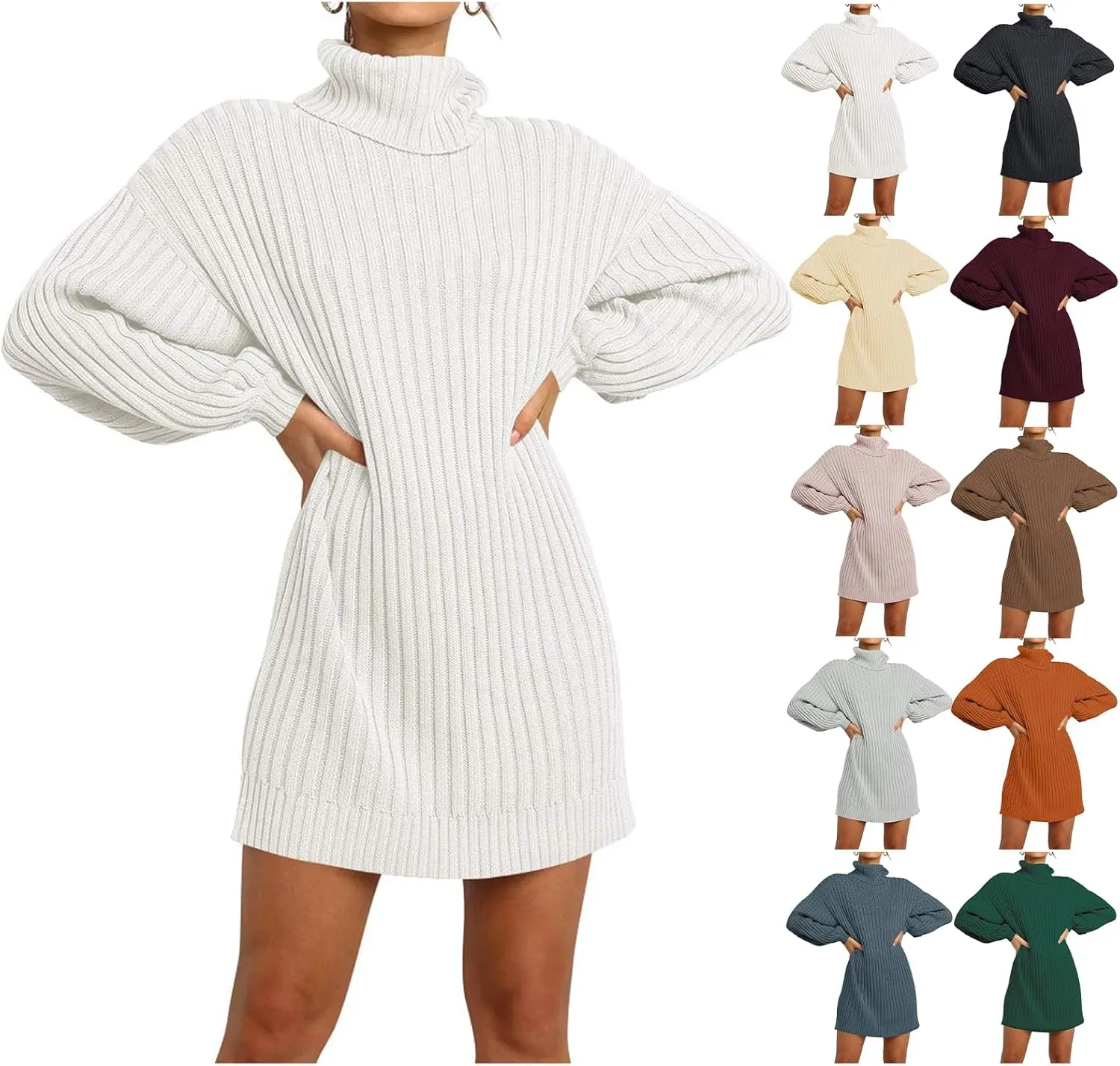 Women Turtleneck Sweater Dress Oversized Batwing Long Sleeve Ribbed Knit Sweater Stretch Slim Fitted Short Dress
