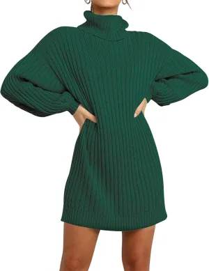 Women Turtleneck Sweater Dress Oversized Batwing Long Sleeve Ribbed Knit Sweater Stretch Slim Fitted Short Dress