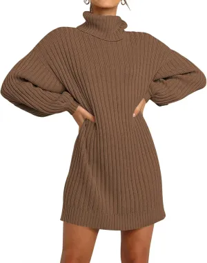 Women Turtleneck Sweater Dress Oversized Batwing Long Sleeve Ribbed Knit Sweater Stretch Slim Fitted Short Dress
