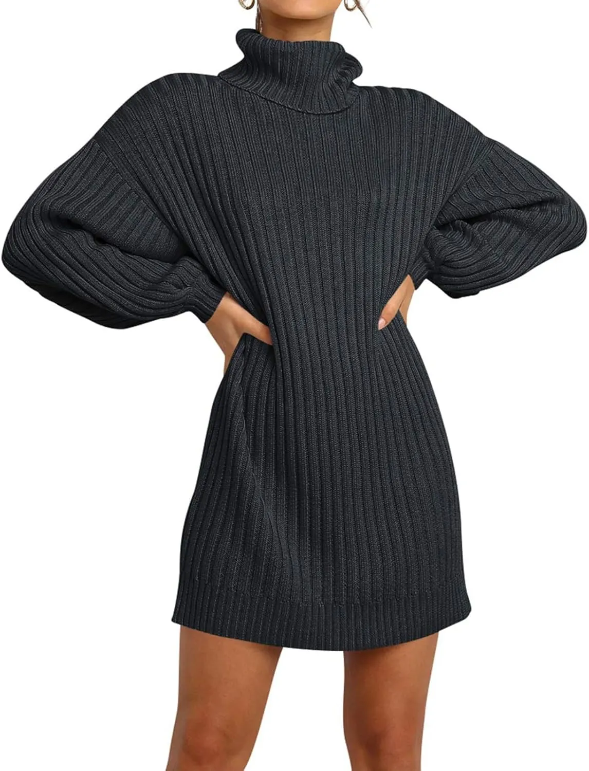 Women Turtleneck Sweater Dress Oversized Batwing Long Sleeve Ribbed Knit Sweater Stretch Slim Fitted Short Dress