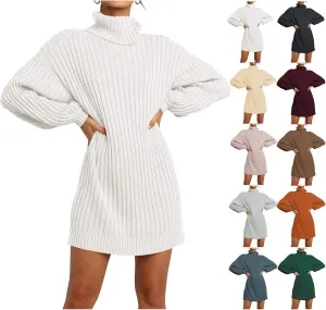 Women Turtleneck Sweater Dress Oversized Batwing Long Sleeve Ribbed Knit Sweater Stretch Slim Fitted Short Dress
