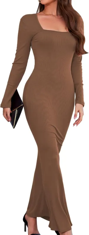 Women's 2025 Spring Dresses Square Neck Long Sleeve Ribbed Knit Elegant Evening Party Casual Bodycon Long Maxi Dress