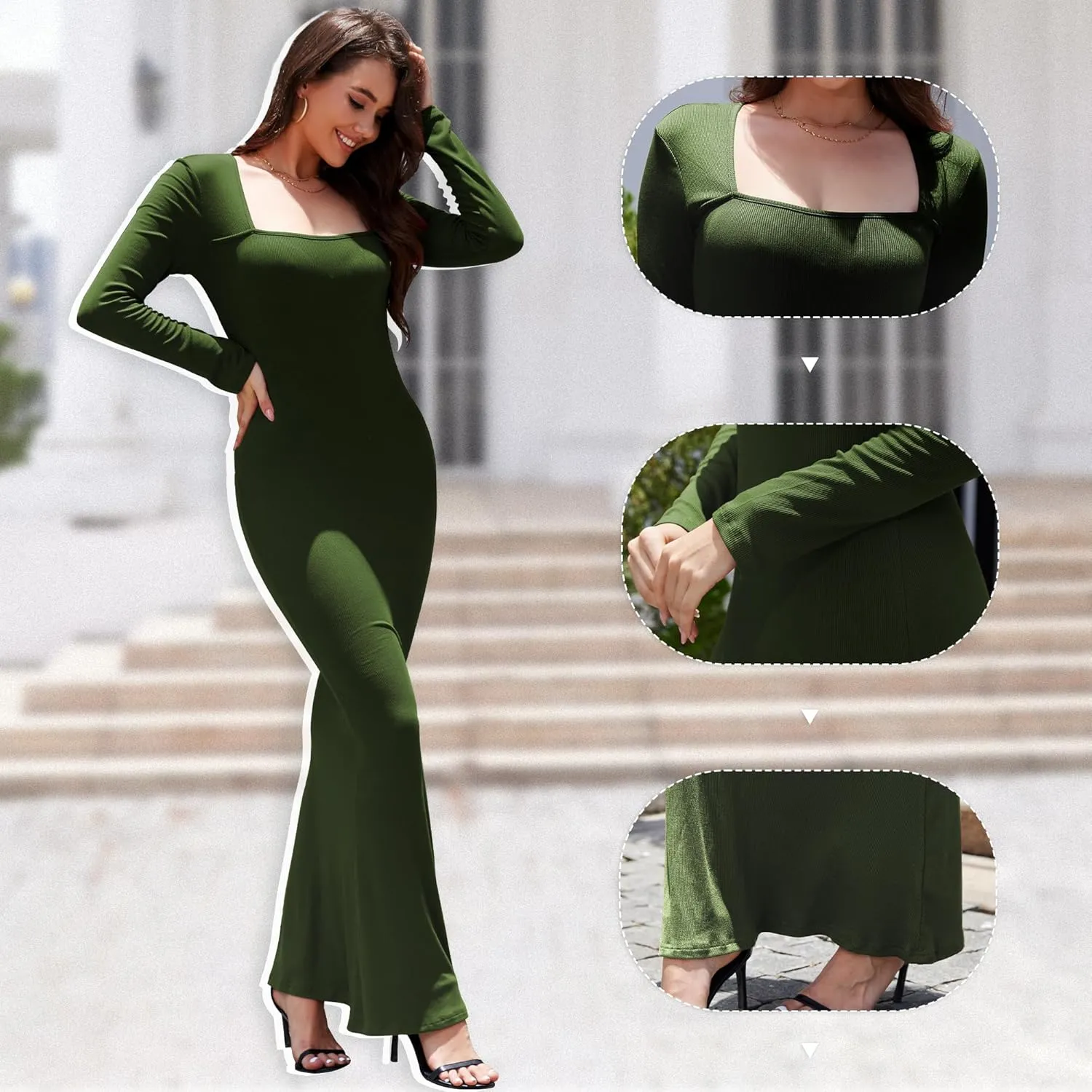 Women's 2025 Spring Dresses Square Neck Long Sleeve Ribbed Knit Elegant Evening Party Casual Bodycon Long Maxi Dress