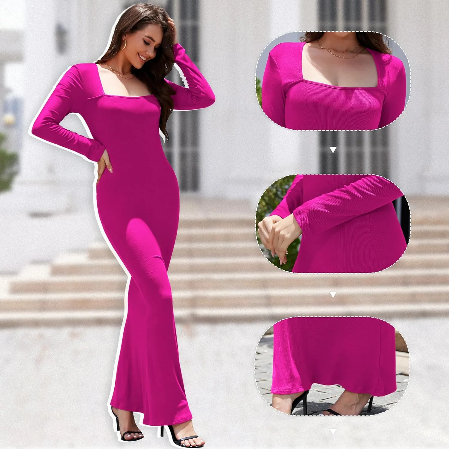 Women's 2025 Spring Dresses Square Neck Long Sleeve Ribbed Knit Elegant Evening Party Casual Bodycon Long Maxi Dress