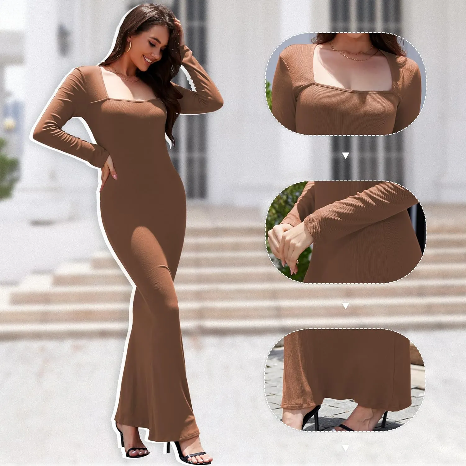 Women's 2025 Spring Dresses Square Neck Long Sleeve Ribbed Knit Elegant Evening Party Casual Bodycon Long Maxi Dress