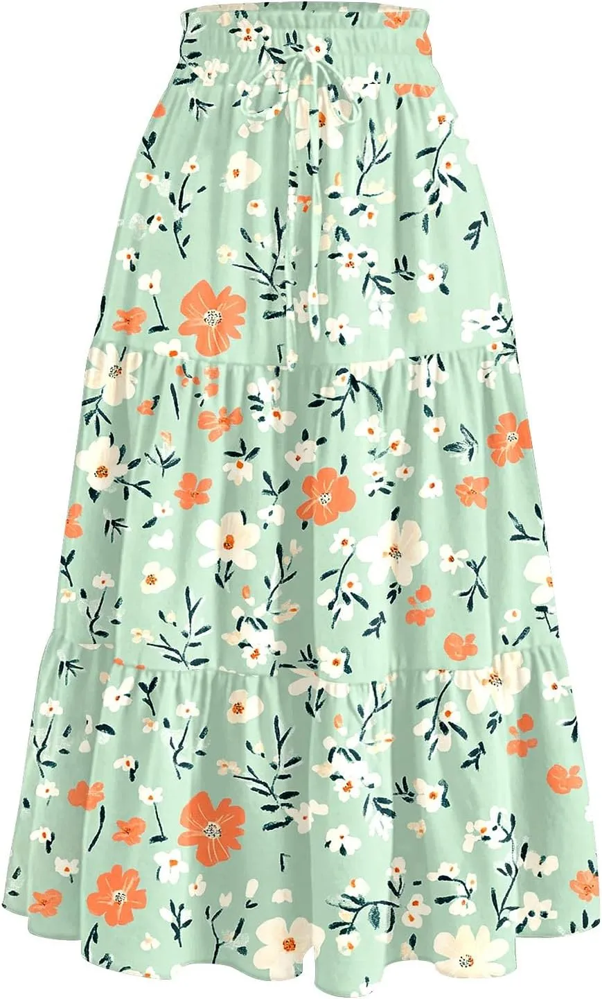 Women's 2025 Spring Summer High Waist Boho Floral Casual Flowy A Line Beach Long Skirts, S-2XL