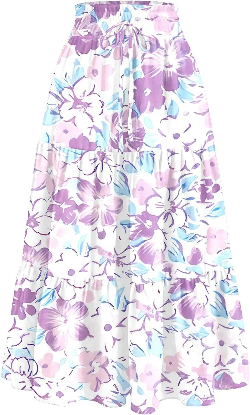 Women's 2025 Spring Summer High Waist Boho Floral Casual Flowy A Line Beach Long Skirts, S-2XL