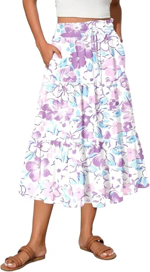 Women's 2025 Spring Summer High Waist Boho Floral Casual Flowy A Line Beach Long Skirts, S-2XL