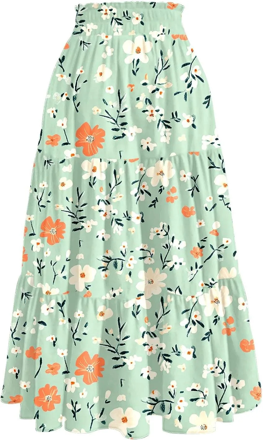 Women's 2025 Spring Summer High Waist Boho Floral Casual Flowy A Line Beach Long Skirts, S-2XL