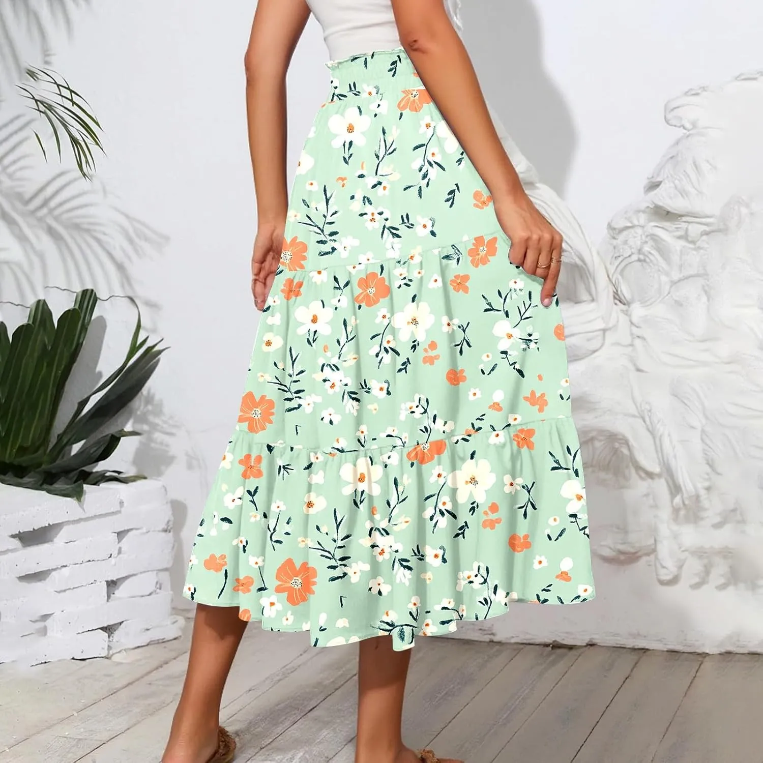 Women's 2025 Spring Summer High Waist Boho Floral Casual Flowy A Line Beach Long Skirts, S-2XL