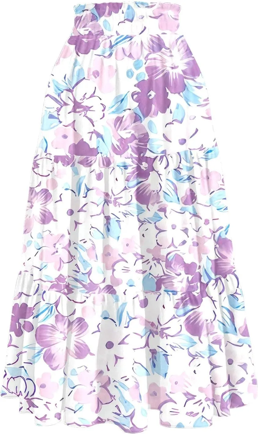 Women's 2025 Spring Summer High Waist Boho Floral Casual Flowy A Line Beach Long Skirts, S-2XL
