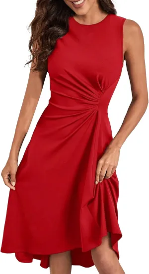 Women's 2025 Summer Sleeveless Ruched Waist Flowy A Line High Low Midi Cocktail Party Casual Office Dresses