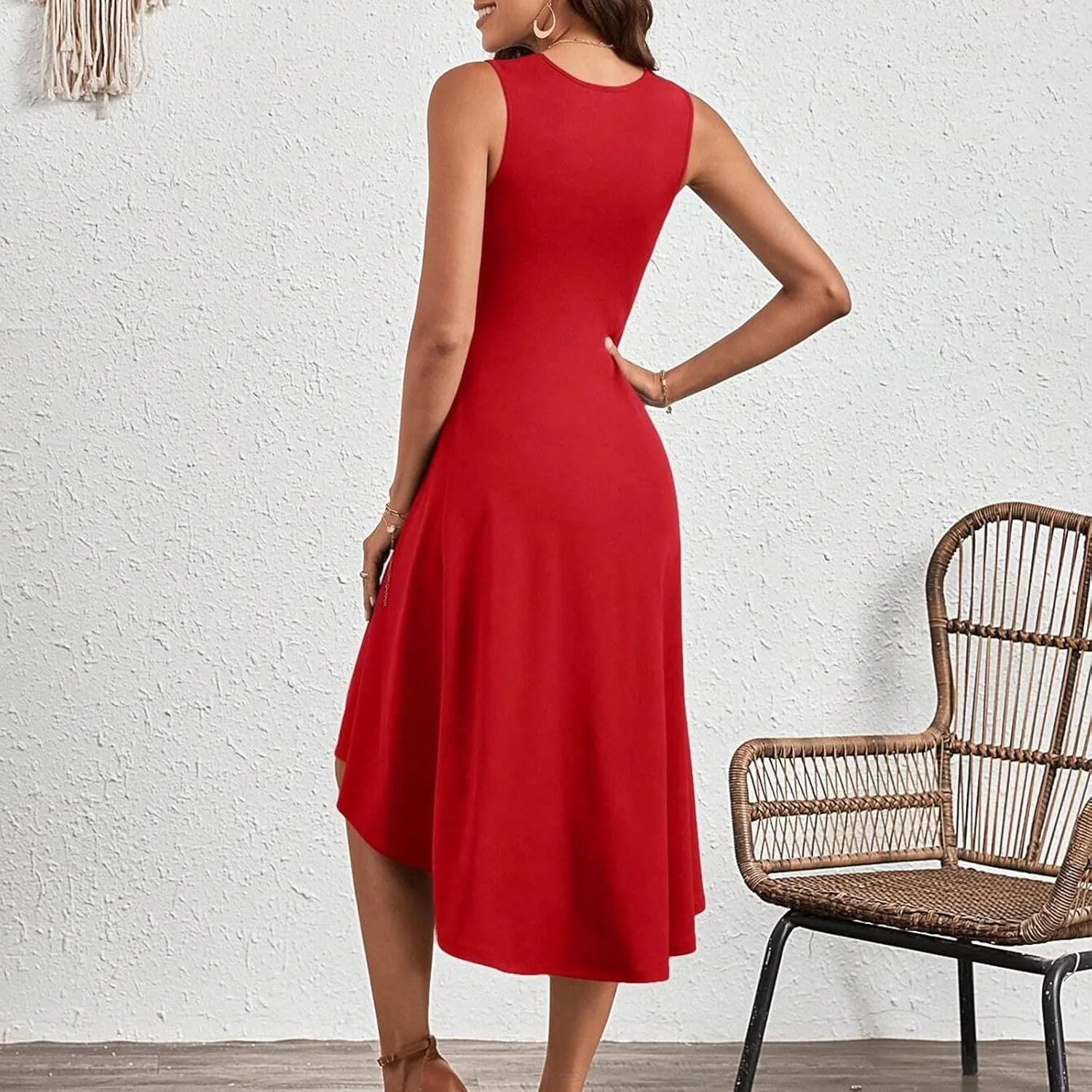 Women's 2025 Summer Sleeveless Ruched Waist Flowy A Line High Low Midi Cocktail Party Casual Office Dresses