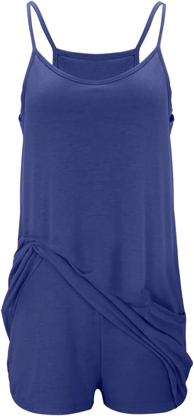 Womens Athletic Mini Dress Summer Romper Dresses Spaghetti Strap Sundress with Built-in Shorts Tennis Workout Rompers